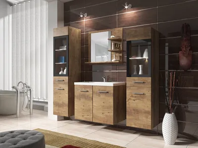 Image de Armoire de salle de bain avec lavabo YUKO 1 – châtaignier + siphon