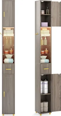 Immagine prodotto di Armadio da bagno COSTWAY, armadio da bagno alto con illuminazione, cassetto e 3 ripiani in vetro, armadio stretto in legno, gancio laterale incluso, grigio