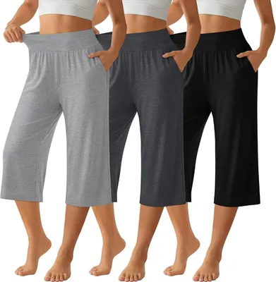 Productafbeelding van Dames capri broek met wijde pijpen en hoge taille, set van 3 stuks