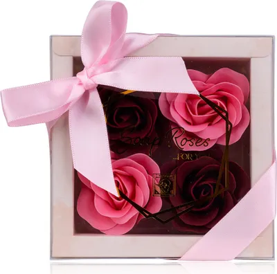 Geschenkbox mit vier rosa Baderosen