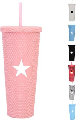 Produktbild von Reisbecher mit Grasstiel und Deckel, 710 ml wiederholbarer doppelwandiger Kunststoff-Becher, Eis-Kaffee-Becher und Automok, tragbarer Reismok für Kaffee, Wasser, Saft, rosa