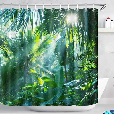 Obrázok produktu pre Omgoods – Tropická záclona do sprchy, 240 x 200 cm, vodeodolná
