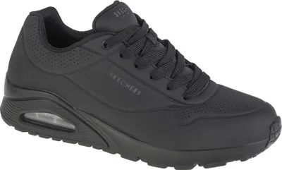 A single black Skechers Uno Stand On Air men's sneaker is shown from a side-angle against a white background.