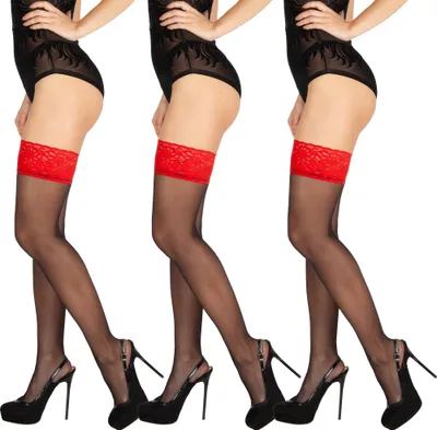 Produktbild von Bananalu 20 Den halterlose Strümpfe Spitzenbund 9 cm Blumenmuster y Overkniestrümpfe Flirt 20 Red/Nero 3er Set M/L