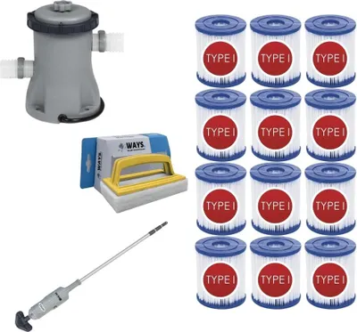 Immagine prodotto di WAYS - Cura della piscina - Pompa aspirante e filtrante per piscina da 1249 L/h e 12 filtri di tipo I & spazzola WAYS per pulizia