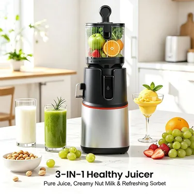 Produktbild von ZELURXX Slow Juicer 250W, 3-in-1 Entsafter für Obst und Gemüse, Nussdrink und Smoothies, leise, leicht zu reinigen