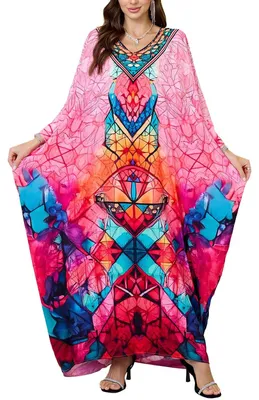 Zdjęcie produktu dla Solidchoice - Długa sukienka maxi w stylu boho z dekoltem w kształcie litery V, w kolorze różowym