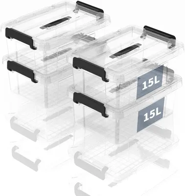 Produktbild von Aufbewahrungsboxen 15 l, 4er-Set, transparent, stapelbar, für Büro