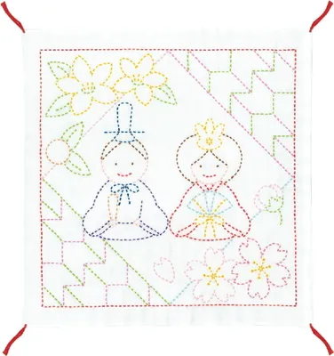 Produktbild von Olympus Sashiko Stickpackung "Hana Fukin Hinamatsuri Puppenfestival", Stoff bedruckt, 34x34cm, Original aus Japan