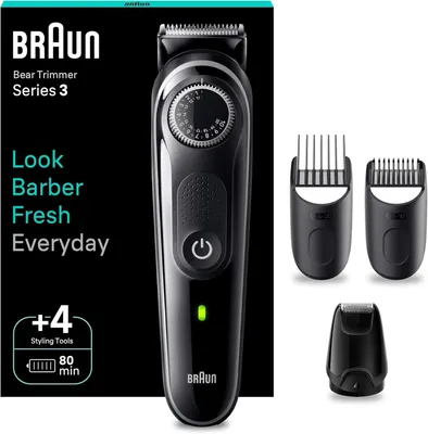 Produktbild von Barttrimmer Series 3 Herren, 4 Zubehörteile, ultrascharfe ProBlade Klinge, 40 Längen 0,5 mm, wasserdicht, 80 Min Akku, kabelloser Bartschneider