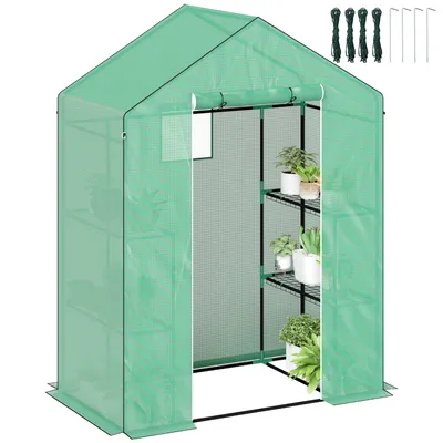 A green greenhouse with shelves and plants inside, set against a white background.