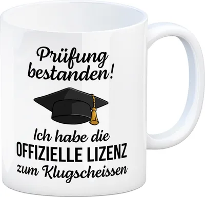 Produktbild von Doktorhut Prüfung bestanden Kaffeebecher mit Spruch Lizenz zum Klugscheißen