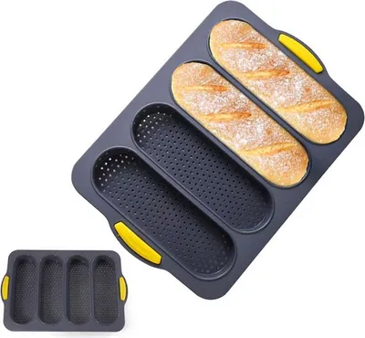 Produktbild von 4-fach Baguette Backform aus Antihaft-Silikon - Perfektes Ofenblech für Knusprige Baguettes, Brot & Kuchen, Einfache Reinigung