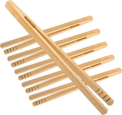 Obrázek produktu pro Sada bambusových kleští na večeři – 6 kusů – 18 cm – na nabírání ovoce, chleba, okurek, sýra, šunky, muffinů a grilovaných pokrmů