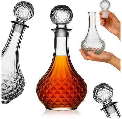 Zdjęcie produktu dla SuperButelki - Karafka tłoczona 800 ml na nalewki, wino, likier, koniak, do whisky z korkiem szklanym okrągłym, karafa 0,8l dekoracyjna