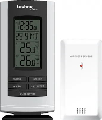 A digital weather station with a wireless sensor, displayed on a white background.
