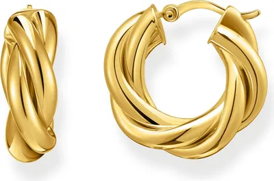 A pair of gold hoop earrings with a twisted design, presented against a white background.