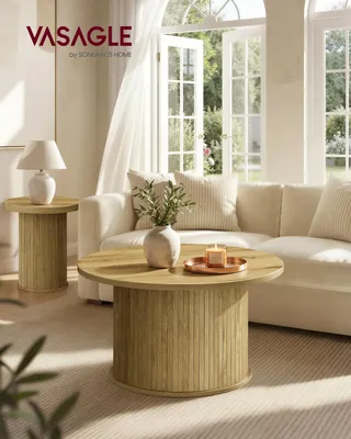 Produktbild von VASAGLE MIRIANA Kollektion - Couchtisch rund, Wohnzimmertisch, Kaffeetisch, Tambour-Design, Mid-Century-Modern-Stil, einfache Montage, für Homeoffice