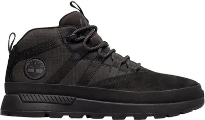 A studio shot of a black Timberland boot.