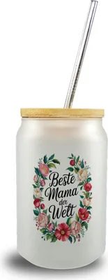 Produktbild von Beste Mama der Welt Trinkglas mit Bambusdeckel Blumenkranz