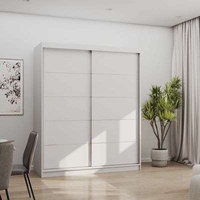 Schwebetürenschrank Kleiderschrank Schrank 160 cm Weiß/Weiß mit Zierleisten Bono 06
