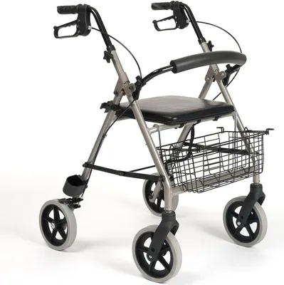 Produktbild von Vermeiren Rollator ECO Light, Aluminium, grau, Leichtgewicht, faltbar, mit gepolstertem Sitz & Rückenlehne, Reißverschlusstasche, Stockhalter, Korb (vorn/unter Sitz montierbar), pannensichere 200x35mm Räder, 2 feststellbare Bremsen, ergonomisch, für Innen- & Außenbereich. Maße: Gesamthöhe 82-95cm, Gesamtbreite 60cm, Gesamtlänge offen 67cm (gefaltet 34.5cm), Sitzhöhe 55cm, Sitzbreite 41cm, Sitztiefe 34cm