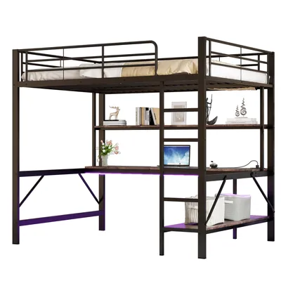 Produktbild von Hochbett mit Regal, Schreibtisch und LED-Beleuchtung, 140x200 cm, Metallbett mit USB Anschlüssen und Steckdosen