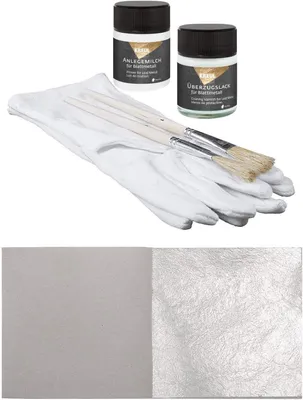 Produktbild von Starterset 50 Blatt Echtes Blattsilber 5cm x 5cm Echt Silber 925 Set zum Versilbern & Basteln + 1 x Kreul Anlegemilch Kleber 50 ml + 1 x Überzugslack 50 ml + 1 Paar Handschuhe + 2 Pinsel