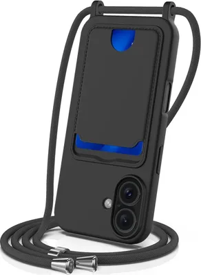 Produktbild von Mobigear Lanyard Card iPhone 16 Silikon Handykette mit Kartenhalter - Schwarz
