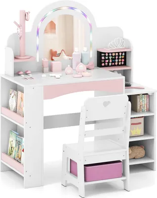 A white and pink children's vanity table with a mirror, chair, and shelves.