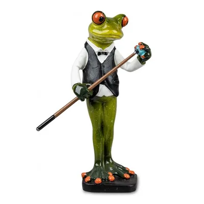A figurine of a frog dressed in a tuxedo and holding a billiard cue.