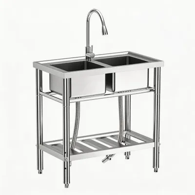 Produktbild von Freistehendes Doppelspülbecken Edelstahl mit Armatur und Ablage ca 84x46x76 cm Küchenspüle Standspüle