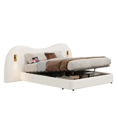 Produktbild von Polsterbett mit LED-Beleuchtung, extra breites Kopfteil mit Spots und USB Anschlüssen, 180x200 cm, gepolsterter Kopfteil, Doppelbett, Frottee