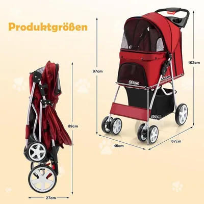 Obrázek produktu pro Skládací kočárek pro domácí mazlíčky s úložným prostorem, síťovaná okénka, červený