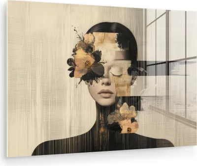 Produktbild von MuchoWow Glasbilder - Bilder auf Wandbild - Foto auf Glas Gesicht - Blumen - Schwarz - Frau 90x60 cm Wanddekoration aus Glas - Acrylglasbild - Acrylbilder - Wandmalerei auf Glas
