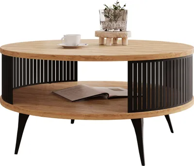 A round coffee table with a wooden top and a slatted shelf below, supported by black metal legs.