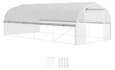 Produktbild von Folientunnel Gewächshaus 6x3x2 m, 8 Fenster, Rolltür, Metallgestell weiß
