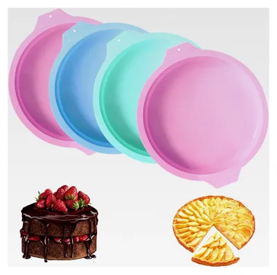Produktbild von Runde Silikon Backform, 4 Stück, 8 Zoll Schichtkuchenform, Antihaft Kuchenform in Pink, Blau und Grün