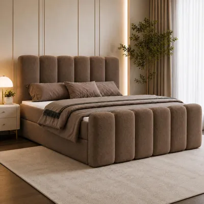 Produktbild von Boxspringbett NOLA 140x200 cm Komplett-Set mit Bettkasten, Bonell-Matratze und Topper, Bouclé Braun
