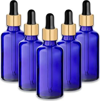 Produktbild von 5x Blaue Glasflasche 50 ml mit goldener Aluminiumpipette leer für Öl
