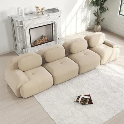 Produktbild von MODFU 4-Sitzer Ecksofa Cord,Modulares Sofa mit Geschwungene Armlehnen und Rutschfeste Unterseite,Rahmenloses Loungesofa,ohne Ottoman,Beige