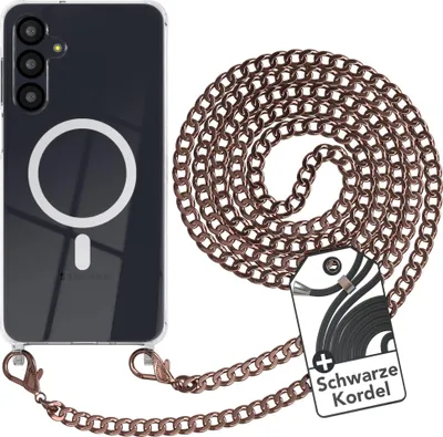 Produktbild von EAZY CASE Handykette kompatibel mit Samsung Galaxy A16, Kette zum Umhängen aus Metall, Silikonhülle mit Band, stoßfest, mit MagSafe in Gold