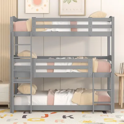 Image de okwish Lit superposé 90x200 Lit superposé triple pour adultes et enfants, lit superposé, trois personnes avec protection contre les chutes, Gris