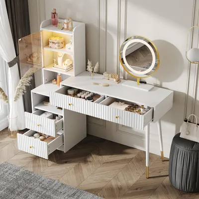 Image de OKWISH Coiffeuse Avec Miroir LED Tricolore Réglable Et Armoire Vitrée Éclairée - Table De Maquillage Avec 4 Tiroirs Et Étagères Ouvertes - Blanc