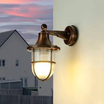 Produktbild von Außenleuchte Wand Garten Hof IP64 in Kupfer antik E27 geriffeltes Glas Messing Maritim Außenlampe Wandleuchte
