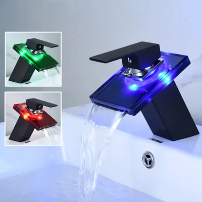 Immagine prodotto di Miscelatore a cascata LED per lavabo, nero, per bagno, con cambio colore, monocomando, con luce