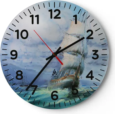 Produktbild von Wanduhr - Rund - Glasuhr - Meer Segelschiff - 30x30cm - Schleichendes Uhrwerk - Lautlos - zum Aufhängen bereit - Dekoration Modern - Wanddekoration aus Glas - C4AR30x30-3782