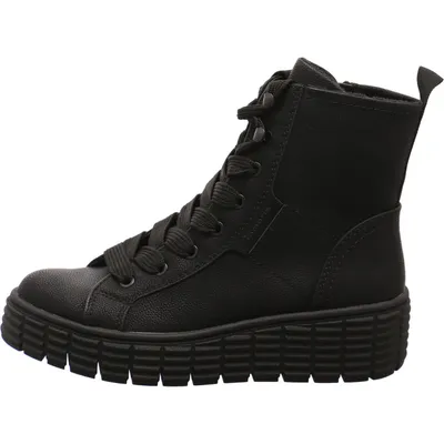 A black lace-up boot with a thick sole is shown against a white background.