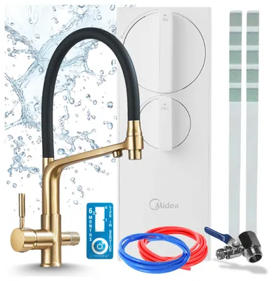 Produktbild von Küchenarmatur Mit Wasserfilter Ari Ro5 400 Gpd Umkehrosmoseanlage Tanklos, Zweigriffarmatur, Perlator, Messing, Keramikkartusche, Gebürstetes Gold