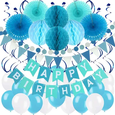 Produktbild von Geburtstagsdeko Set Blau Hellblau Weiß Banner Wabenbälle Papierfächer Luftballons Girlande